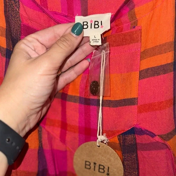 BiBi Vibrant Pink and Orange Plaid Jumpsuit - Picture 4 of 6